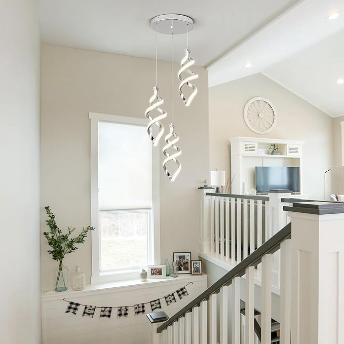 Modern Led Pendant Light Fixture, 45W Chrome Spiral Led Chandelier Hanging Lamp, 4500K Daylight White Pendant Lamp, Adjustable Height Pendant Light for Dining Room Bedroom Kitchen Island (3 Light)