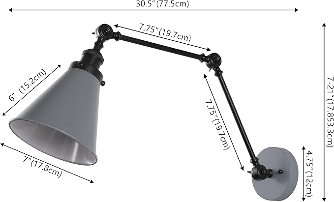 JONATHAN Y 7" Gray/Black Classic Industrial Metal Adjustable Arm LED Wall Sconce for Bedside Reading, Farmhouse Swing Arm Wall Lamp with Metal Shade, Hardwired (JYL7462H-SET2)