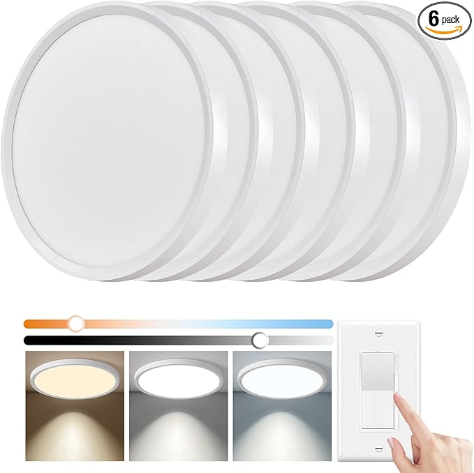 6 Pack 12 Inch Slim Dimmable LED Flush Mount Ceiling Light Fixtures, 24W 2640LM 3000K/4000K/5000K, House Upgrade Led Lights for Bedroom Hallway Laundry Room Rental Units, 240W Equiv., White