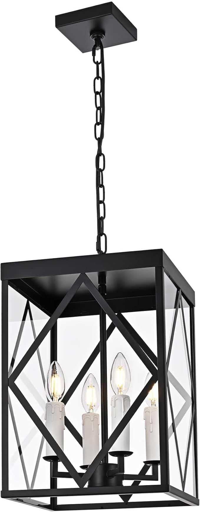 Black Exterior Pendant Lights for Porch with Clear Glass 4 Light Adjustable Hanging Lamp Farmhouse Lantern Porch Light Exterior Chandelier Ceiling Mount for Entrance Patio, White Candle Socket