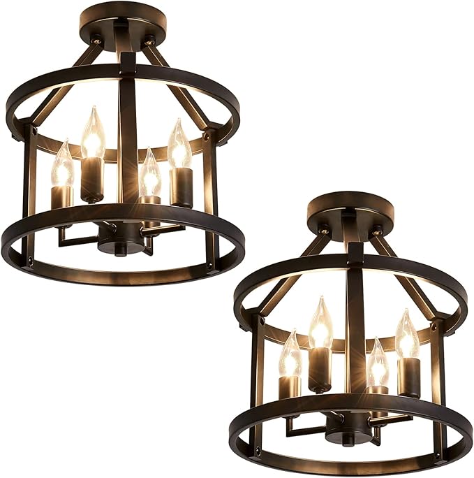 UOFUS 2-Pack Semi Flush Mount Ceiling Light Fixture Farmhouse Matte Chandelier Ceiling Lamp for Entryway Foyer Dining Room Bedroom Kitchen Hallway （Black Metal ）