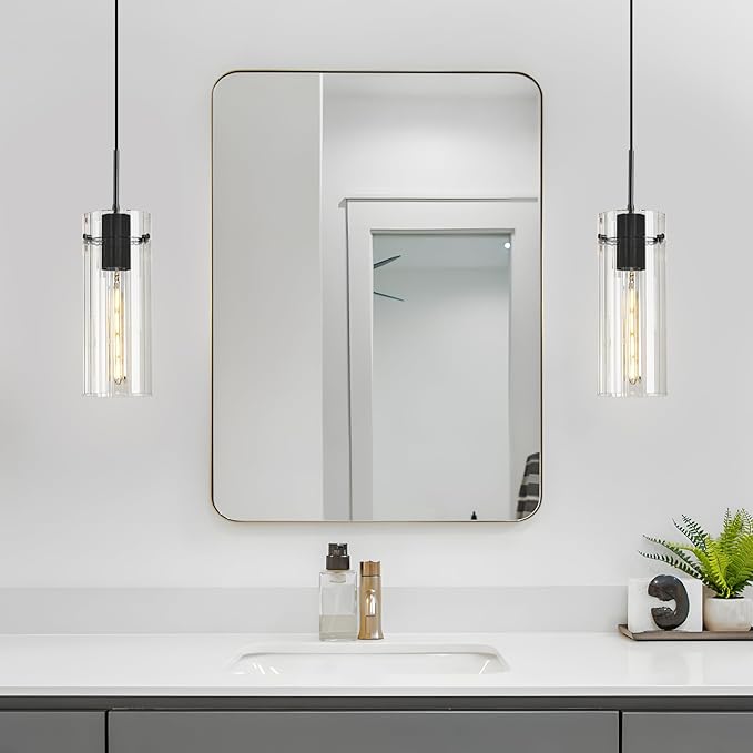Glass Black Pendant Light, 2 Pack Modern Kitchen Island Pendant Lighting with Ribbed Glass, Adjustable Cord Pendant Light for Over Island, Dining Room, Bathroom Bedroom