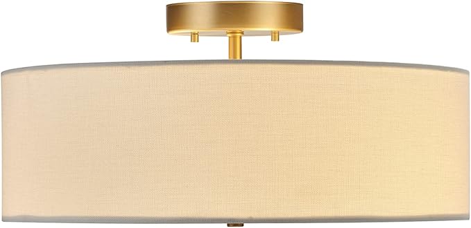 Globe Electric 2-Light Flush Mount Ceiling Light, Matte Brass Finish, White Linen Shade, E26 Base, Dimmable, Minimalist Home Lighting, 60998