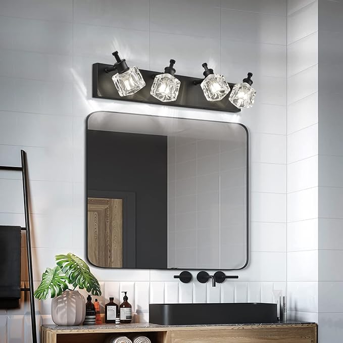 PRESDE Modern Crystal Vanity Light for Bathroom Light Fixtures Over Mirror Matte Black 4 Light Bathroom Lighting