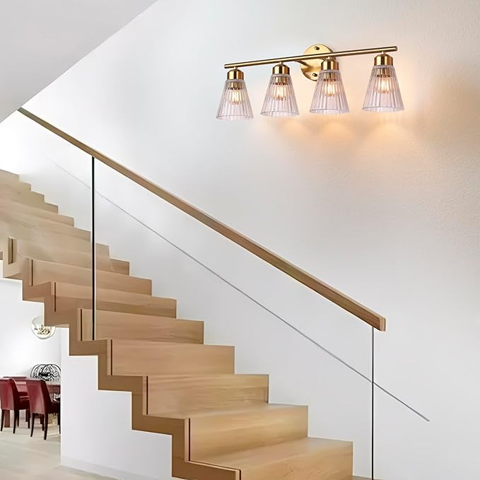4-Light Bathroom Vanity Light, Brushed Gold Bathroom Light Fixtures Over Mirror with Stripe Glass, Modern Wall Lamp, Wall Sconces Lighting for Living Room Bedroom Kitchen Hallway