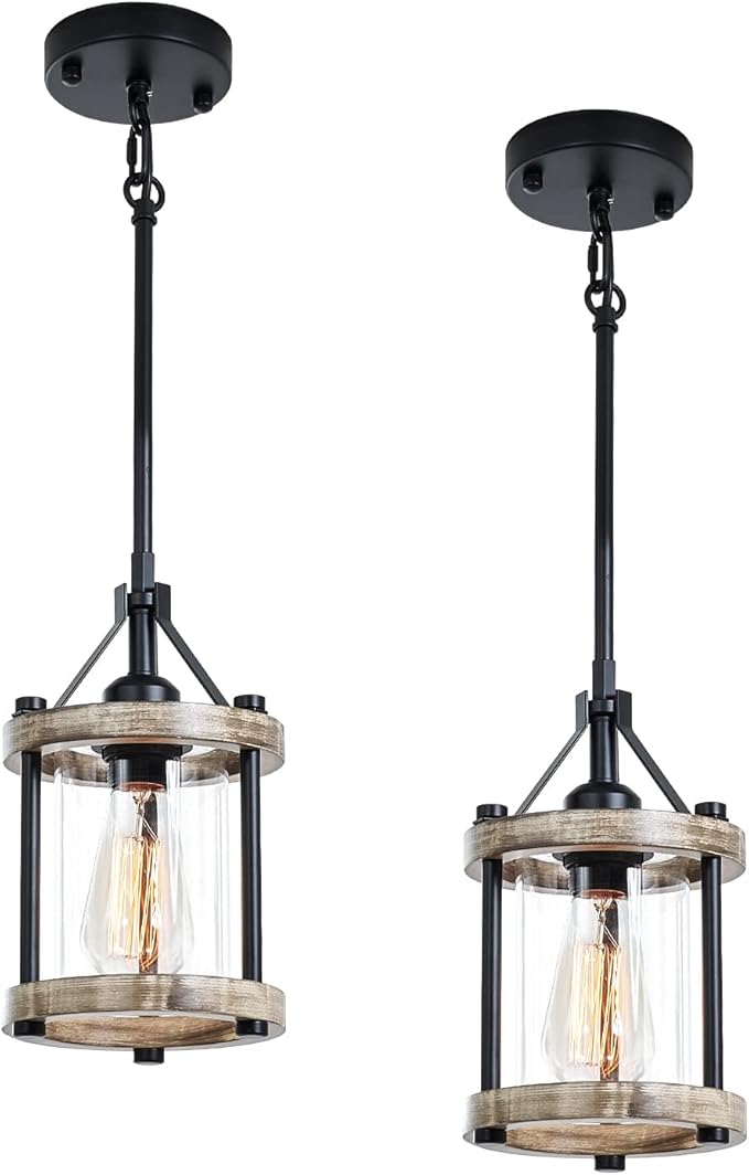 Farmhouse Pendant Light, Rustic White Wood Metal Cage Hanging Light Fixtures with Glass, 43 Inch Adjustable for Flat and Slop Ceiling, Pendant Lighting for Kitchen Island Foyer Hallway, 2 Pack