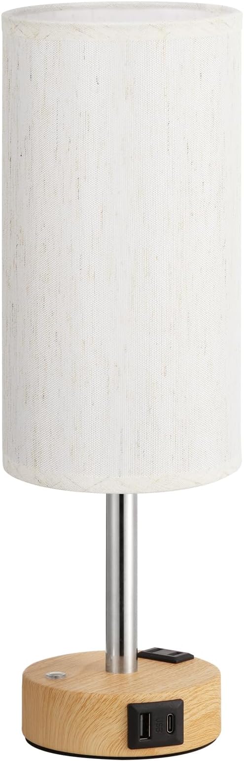 Touch Bedside Table Lamp with Memory - Stepless Dimmable Lamp for Bedroom, Small Nightstand Lamp with Dual USB Charging Ports and AC Outlet, Wood Night Light, Deak Lamp for Nursery, Living Room, Dorm