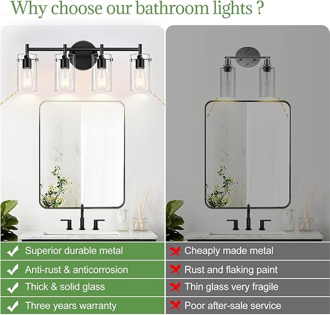 Indoi 4-Light Matte Black Bathroom Vanity Light Fixtures, Clear Glass Shade Wall Sconces for Mirror, Bedroom, Living Room, Hallway