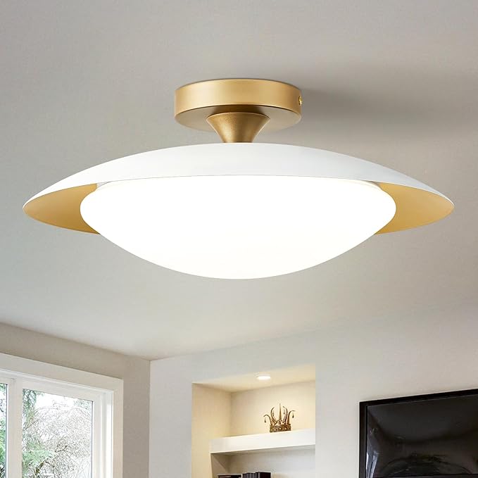 Dimmable Mid Century Modern Semi Flush Mount Ceiling Light with Acrylic Shade,White Gold LED Ceiling Light,5CCT 2700K-6000K Light Fxiture for Hallway Bedroom Kitchen Laundry Room Living Room 15.7 in