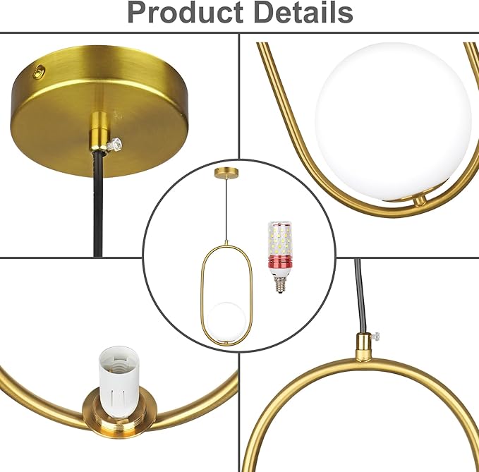 lobolighting Pendant Light Fixtures, 2 Pack Modern Gold Pendant Lighting Adjustable Height Mid Century Chandelier, Frosted Glass Globe Single Hanging Light for Kitchen Island Dining Room Bedroom
