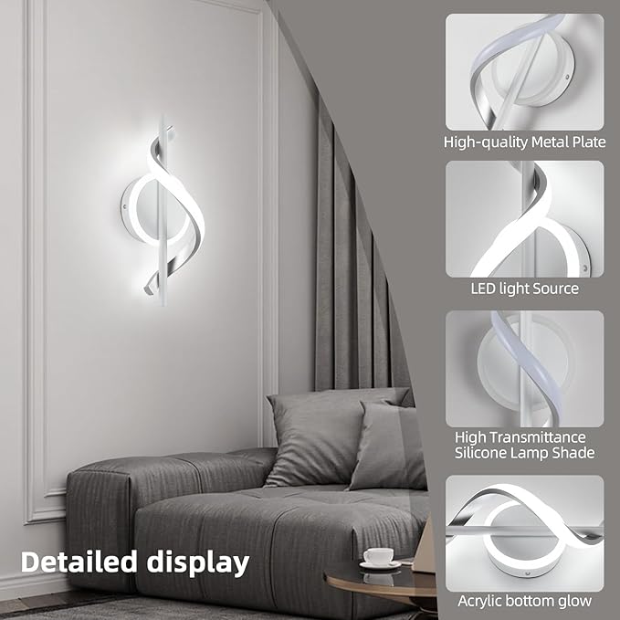 EIDISUNY LED Wall Sconces Indoor, 12W LED Wall Lights, Modern Spiral Wall Lamp, 6000K Cold White Wall Mount Light Fixture for Stairs Living Room Bedroom Aisle Hallway (Cool White, White)