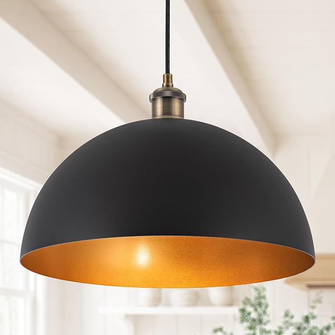13.78" Modern Industrial Black Pendant Lights Vintage Farmhouse Black Gold Pendant Lighting Dome Golden Pendant Light for Kitchen Island, Dining Room, Bedroom, Hallway, Living Room, Bars