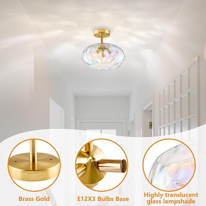 14'' Semi Flush Mount Ceiling Light, 3-Light Iridescent Glass Shade, Brass Indoor Vintage Ceiling Light Fixture for Entryway, Bedroom, Kitchen, Living Room, Hallway, Farmhouse Bulbs Not Included