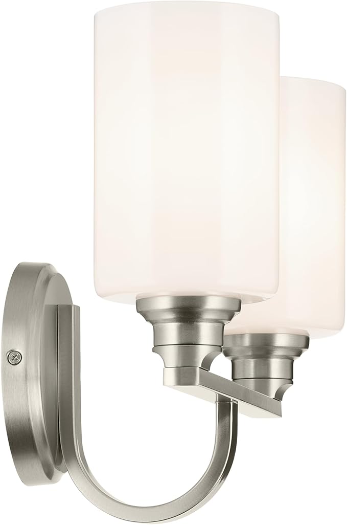 Kichler Gioe 14.25" 2-Light Vanity Light with Opal Glass in Brushed Nickel, Damp Rated, for Bathroom, Powder Room, Over a Mirror, (14.25" W x 10.5" H), 55225NI