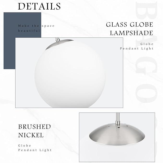 Bagood 14 Inch Globe Pendant Light Nickel Large Globe Pendant Lights Kitchen Island Mid Century Light Fixture with Milky White Glass Adjustable Hanging Lights for Living Room Foyer (Bulb Included)