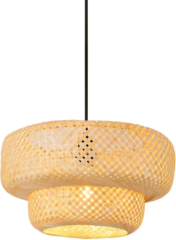 Farmhouse Bamboo Pendant Lights Hand-Woven Dining Room Light 13.78" Coastal Natural Wicker Pendant Light Rattan Hanging Lighting Fixture for Kitchen Island Living Room Bedroom Restaurant Foryer