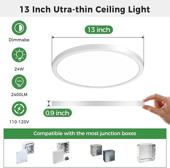 zemty 2Pack 13 inch White LED Flush Mount Ceiling Lights, Dimmable 5 Color Temp (3000K-6500K), 24W 2400LM Bright Round Light Fixture for Kitchen/Bathroom/Bedroom/Office