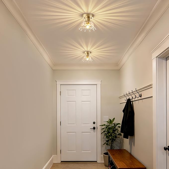 2 Pack Gold Modern Ceiling Light, Small Kitchen Light Fixtures, Glass Semi Flush Mount Ceiling Light for Hallway, Foyer, Entryway, Laundry Room (7 in)