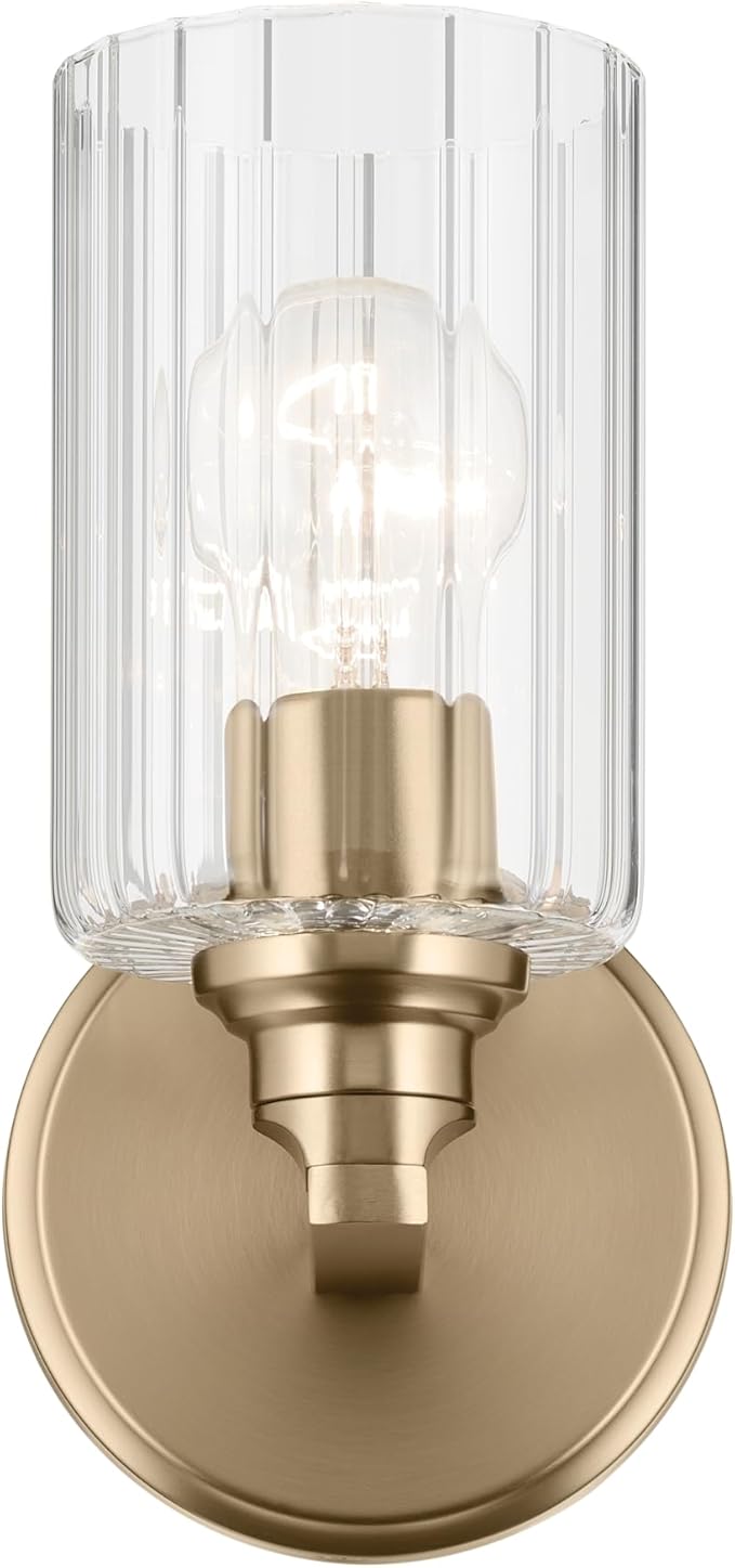 Kichler Gioe 5" 1-Light Wall Sconce Bathroom Vanity Light with Clear Fluted Glass in Champagne Bronze, Damp Rated for Powder Room, Kitchen, Hallway, Bedroom (5" W x 9.5" H), 55224CPZFLU