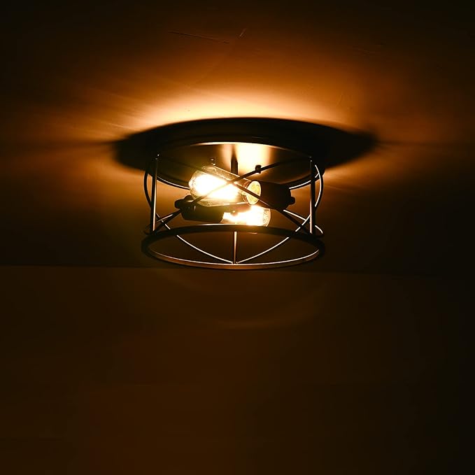 2-Light Flush Mount Ceiling Light Fixture, Industrial Modern Black Ceiling Lamp, Vintage Farmhouse Light Fixture for Hallway, Bedroom, Dining Room, Living Room, Kitchen, Entryway