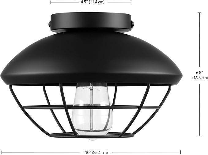 Globe Electric 60000120 1-Light Outdoor Flush Mount Ceiling Light, Matte Black Finish, Metal Cage Shade, Weather Resistant, Industrial Outdoor Ceiling Light, E26 Base