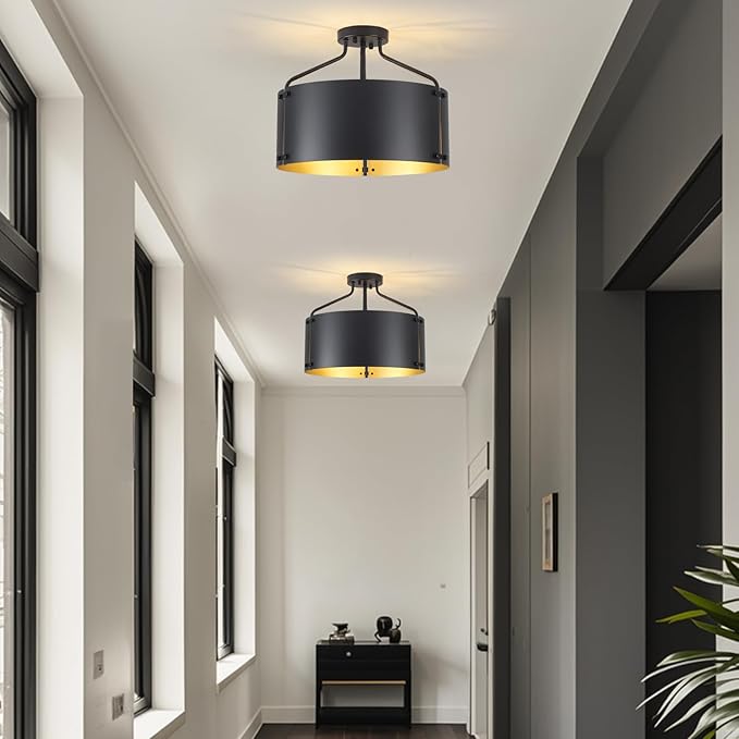 Semi Flush Mount Ceiling Light Fixture,Drum Black and Gold Chandelier Light Fixture,16''Bedroom Ceiling Lights,3-Light Kitchen Lighting Fixtures Ceiling for Farmhouse Hallway Porch Entryway