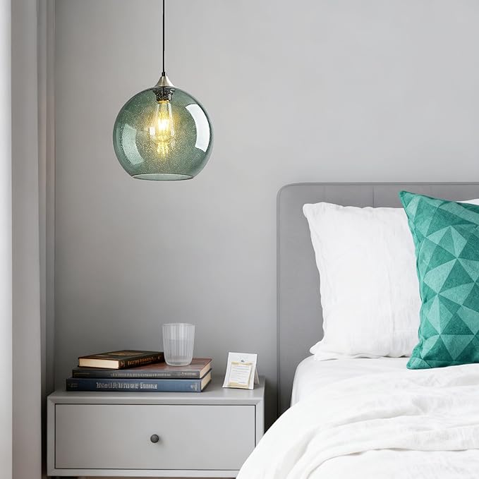 Mikeru Glass Globe Pendant Light Single, 7.87 Inch Gray Green Bubble Glass Hanging Lamp, Mid Century Modern Pendant Lighting for Kitchen Island Dining Room Bedroom (Bulb Not Included)