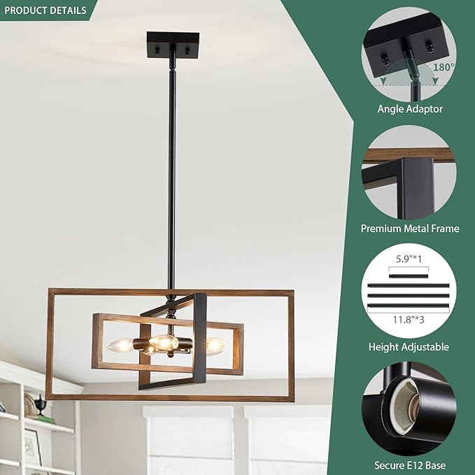 Farmhouse Chandelier, 5-Light Geometric Ceiling Light Fixture, 22" Adjustable Height Pendant Lighting for Living Room Foyer Entryway Dining Room Faux Walnut Grain