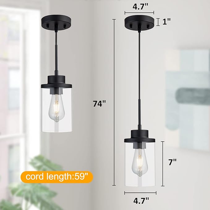 Modern Black Farmhouse Clear Glass Cylinder Pendant Light Fixture, Single Hanging Pendant Lighting for Kitchen Island, Dining Room, Foyer & Hallway(2 Packs)