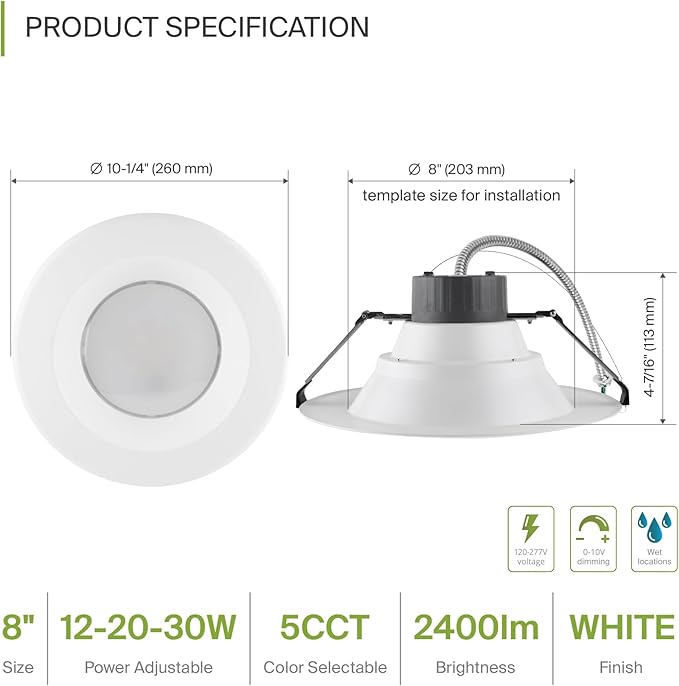 ASD 8 Inch Commercial Canless LED Downlight, Power Adjustable 12/20/30W Lighting, Round Dimmable Recessed Ceiling Light Fixture, 5 Color Temperatures 2700K-5000K, 120-277V IC Rated UL & Energy Star