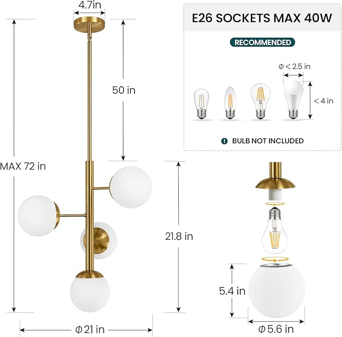 Modern Sputnik Chandelier Ceiling Light Fixture, 4-Light Semi Flush Mount Gold Chandelier with Globe Milky Frosted Glass Shade Adjustable Dining Room Sputnik Ceiling Light for Kitchen, Hallway