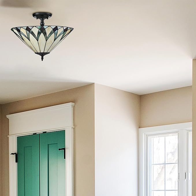 Tiffany Semi Flush Mount Ceiling Light 16.1-Inch 3-Light Mission Style Stained Glass Light Fixtures Ceiling Mount for Hallway Kitchen Bedroom Foyer Dining Living Room