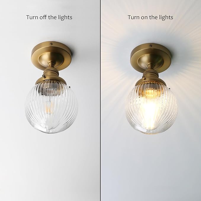Pathson Modern Semi Flush Mount Ceiling Light Fixture with Striped Globe Glass Shade, Industrial Ceiling Lighting Lamp for Living Room Foyer Hallway Bedroom Over Kitchen Sink