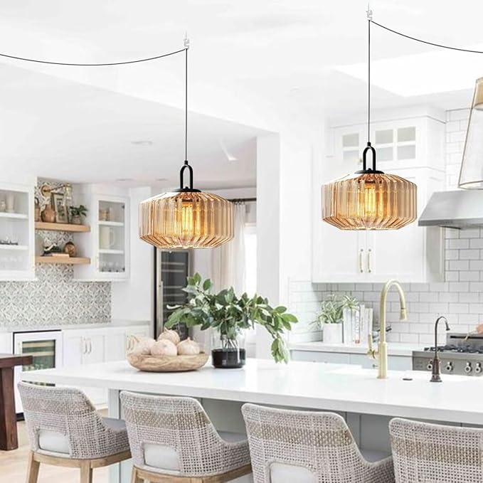 Plug in Pendant Lights Amber Glass Lampshade Large Globe Hanging Lamp Kitchen Island Mid Century Hanging Lamp with 14.7 ft Plug in Cord Swag Style Plug in Light Fixture for Living Room