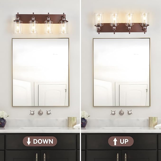 Lanhall 4-Light Bronze Bathroom Light Fixtures Over Mirror, Modern Bathroom Vanity Light with Clear Glass Shade, Wall Sconce for Bathroom Hallway Cabinet Bedroom