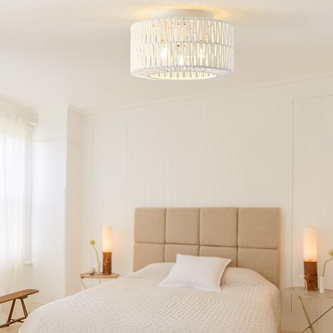 12.6”Rattan Flush Mount Ceiling Light Fixtures, 3-Light Boho Light Fixture Rattan Hand-Woven Chandelier Close to Ceiling Light Fixture for Bedroom Hallway Kitchen Dining Room Nursery(White)