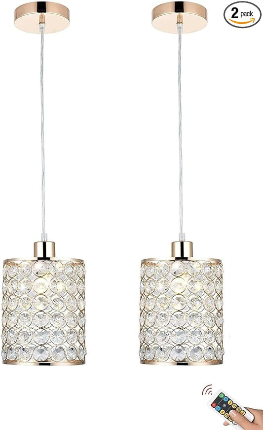Battery Operated Pendant Lights with Remote 2 Packs,Rechargeable Pendant Light Not Hardwired,Gold Crystal Glass Chandelier Cordless Ceiling Hanging Lamp for Kitchen Island Dining Room Table