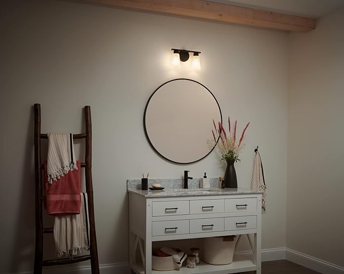 Kichler Stamos 2-Light Bathroom Vanity Light Fixture with Satin Etched Glass Shades, Modern Wall Light in Black for over Mirror Lighting Installation, 13 in x 8 in x 5 in, 55120BK