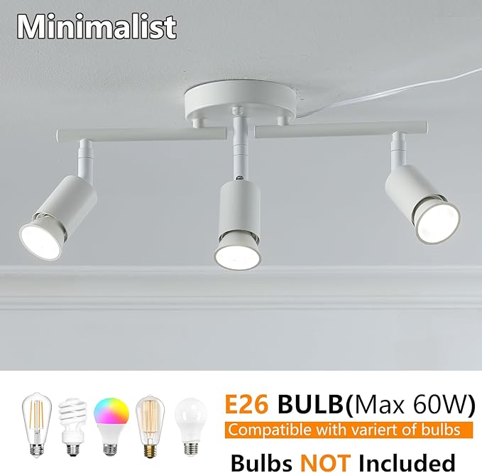 3 Light White Plug in Track Light White Plug in Ceiling Lighting Fixture with 16.4' Long Cord,3 Way Ceiling Spotlight,Rotatable Wall Mount Light Head
