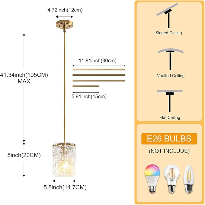 3 Pack Brushed Gold Pendant Light for Kitchen Island, Hand-Made Water Ripple Glass Chandelier, Luxury Modern Brass Adjustable Hanging Ceiling Light Fixture for Dining Room, E26 Base, 6" x 8"