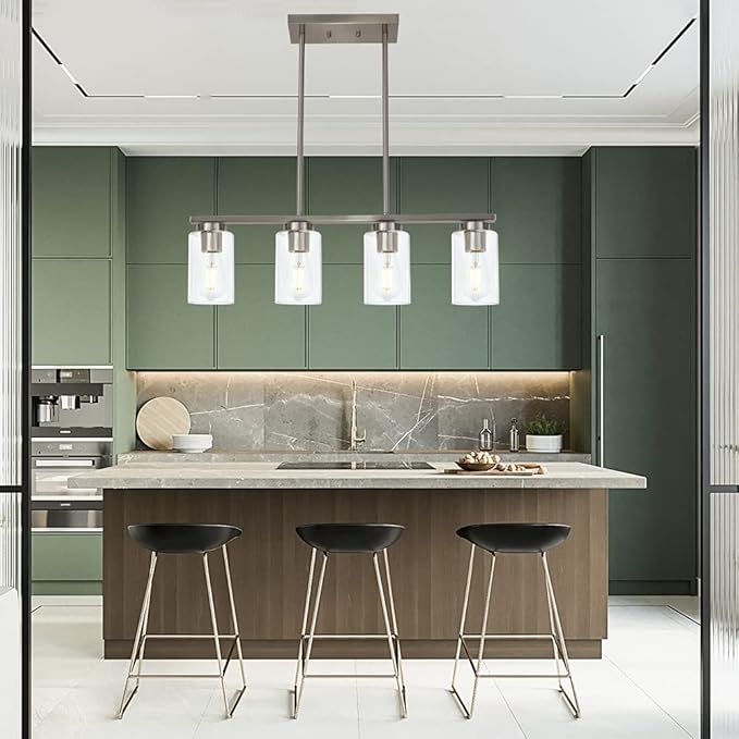 TODOLUZ Modern Kitchen Island Light with Clear Glass Shades, 4-Lights Hanging Lighting Fixtures in Brushed Nickel for Dining Room