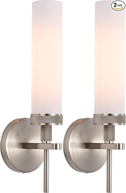 LaLuLa Wall Sconce Set of 2, Brushed Nickel Vanity Light for Bathroom, Knurled Detail, Frosted Glass Cylinder Shade, E26 Base, Hardwired, Up or Down Mount, for Hallway, Bedroom, Living Room