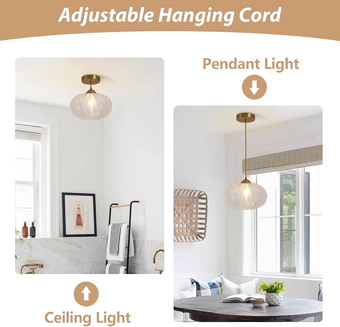 KCO Lighting Clear Ribbed Glass Pendant Light Vintage Brass Gold Pendant Lighting Large Globe Pendant Lights Kitchen Island Mid Century Modern Hanging Light for Living Room