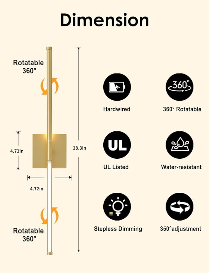 KARTOOSH 27.8 Inch Hardwired Wall Sconces Set of Two, 3000K Warm White Dimmable Modern Wall Sconces, 350° Rotate LED Light Fixtures Wall Lamp for Bathroom Living Room Bedroom Bedside, Gold