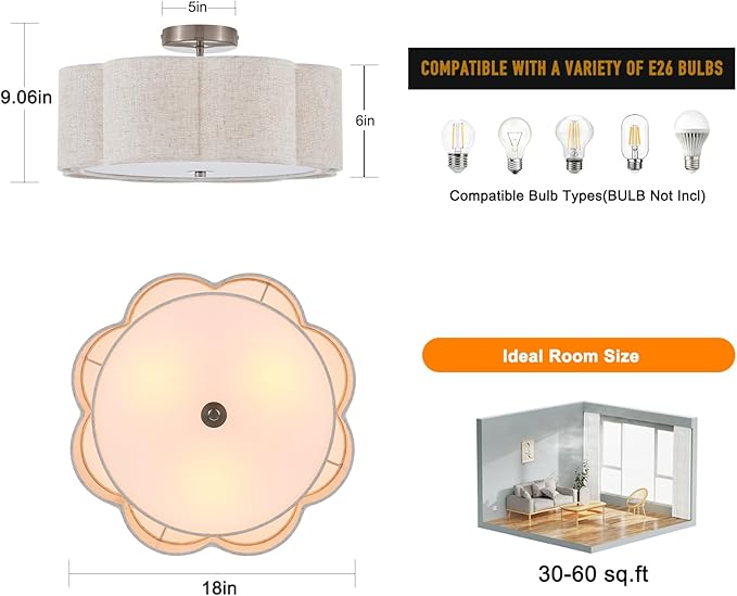 Semi Flush Mount Ceiling Light, Beige Linen Fabric Shade Ceiling Light, Chrome Modern Farmhouse Close to Ceiling Light for Bedroom, Hallway, Living Room, Dining Room, Laundry Room