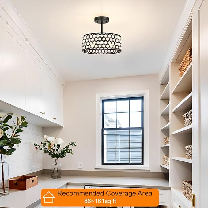 Black Crystal Ceiling Light Fixture - Modern Semi Flush Mount Ceiling Light for Hallway, Kitchen Lighting Fixtures Ceiling, Dazzling Prism Chandelier for Foyer Closet Bedroom, 3 Light, 12 in