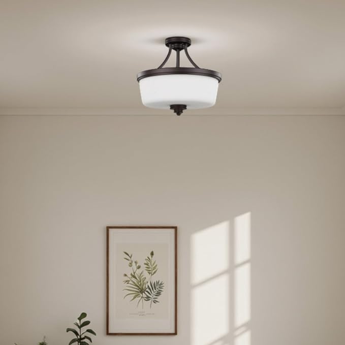 Canarm Jackson 3-Light Semi-Flush Mount, Oil Rubbed Bronze Ceiling Light with Opal Glass Shade, Transitional Lighting for Bedroom or Hallway