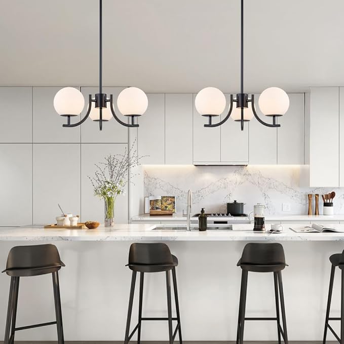 Black 3 Light Globe Chandelier Modern Sputnik Hanging Light Milk Glass Pendant Light Fixture for High Ceiling Kitchen Bedroom Dining Living Room