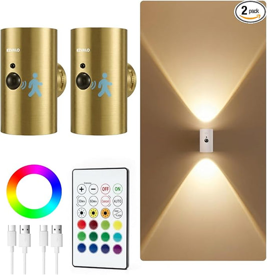 EZVALO Motion Sensor Wall Sconces with Remote, Rechargeable Battery Operated 4000mAh Wall Lights, 3 Color Temperatures & 12 RGB, Wireless LED Lighting for Hallway, Living Room (Brass Gold, 2 Pack)