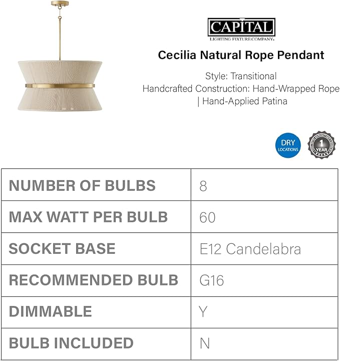 Capital Lighting 341281NP Cecilia Transitional Art Deco Luxe Hand-Wrapped Bleached Natural Rope Tapered Pendant Light Fixture, 8-Light 480 Total Watts, 14" H x 24" W, Patinaed Brass